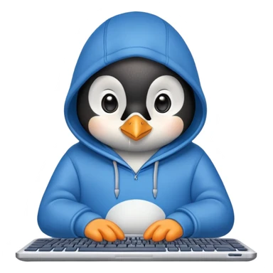 A cute penguin wearing a blue hoodie typing intensely on a laptop keyboard sticker