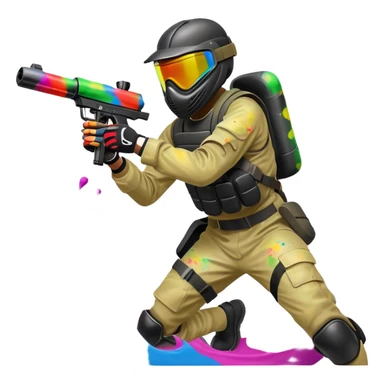 A dynamic scene of a player in action, holding a paintball gun and wearing protective gear. The background shows a vibrant paintball field with obstacles, colorful splatters of paint in the air, and an intense, competitive atmosphere. sticker