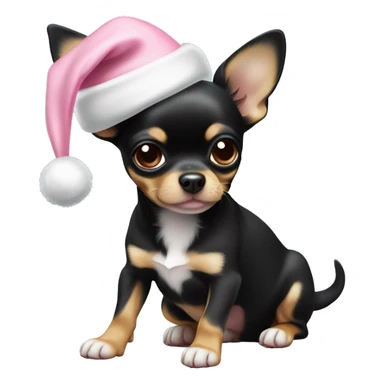 black & tan chihuahua puppy full body light blue eyes pink christmas hat on sticker