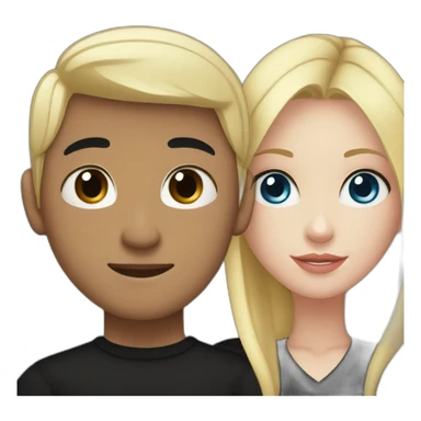 Blonde girl with blue eyes in black sweater and asian man with black hair and black eyes hugging sticker
