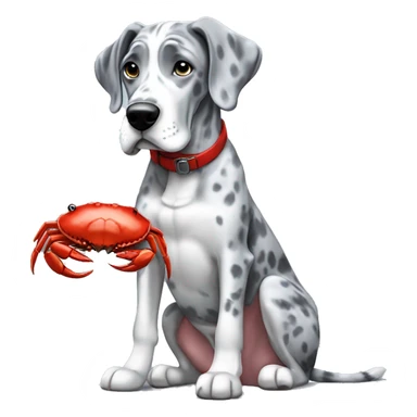 Blue Merle Great Dane eating red crab sticker