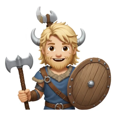 A young Viking warrior with messy blond hair, wooden shield, and fierce excited grin.
 sticker