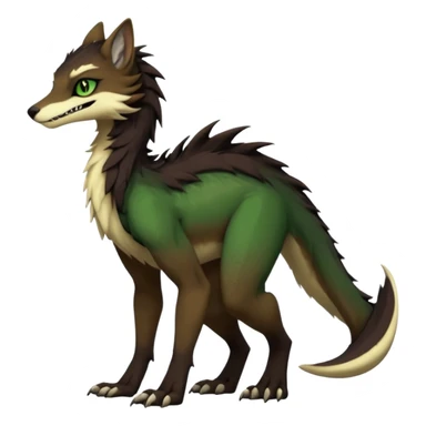 Brown and beige badass elegant wild beautiful natural cute badass epic exotic anthro modern furry 2-legged sergal-vernid-creature, full body, dark-brown-black-gradient pretty hair, with a long tufted tail, green eyes, aesthetic, art by LiLaiRa, art by art by Falvie sticker