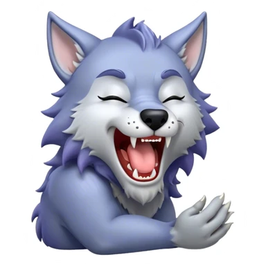 Cinematic Cute Yawning Werewolf Portrait Emoji, with a cuddly, miniature lupine form in soft moonlit grays and silvers, head leaning back in a big, adorable yawn that reveals a few fuzzy teeth, simplified yet irresistibly charming, highly detailed with a soft glowing outline that captures the drowsy, playful essence of a werewolf mid-nap! sticker