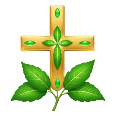 "A clean, friendly emoji of three vibrant green Tulsi (Holy Basil) leaves centered over a small, glowing golden cross or 'plus' sign, symbolizing healing. Simple, flat, 32x32 pixel icon style. Transparent background. Icon for natural healing and wellness." sticker