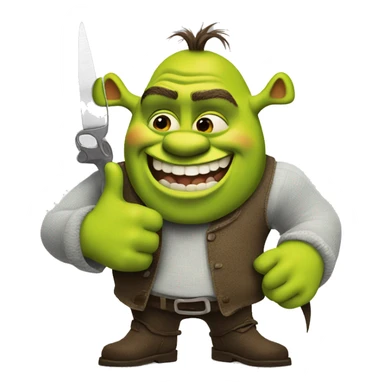 Shrek holding a thumbs up with scissors in his other hand sticker