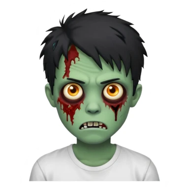 Rosto de frente classico de zombie boca meio torta cabelos medios grandes pretos bagunçados low fade com pele verde clara camiseta branca sem nenhum sangue no rosto e com cabelo bem adolescente e bagunçado sticker