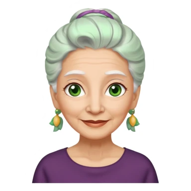 abuela con ojos verdes, pelo blanco, pelo blanco y amarrado, aspecto feliz sticker