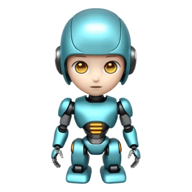Cute futuristic chibi humanoid robot with large rounded head, add text on chest "LMX". glossy black and grey metal body, glowing cyan and amber eyes, visible joints, confident pose, white background, high-detail 3D render,  sticker