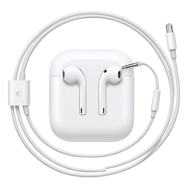 Ultra minimalist white Apple EarPods with cord coiled in a perfect circle, extremely simplified design with minimal details, basic clean outlines, just the essential shape of white headphones and wire in a circle, iOS style sticker