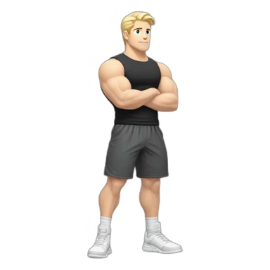 Full height Pale skinned fit man With Wide jaw, biceps and blonde hair In dark gray sleeveless mike, black oversize sports shorts, watch and white sneakers. his arms crossed over his chest sticker
