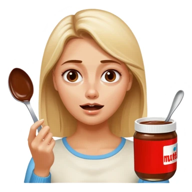Nutella with a spoon. The glas of Nutella is almost empty . Only the one carriage of Nutella. Next to the Nutella is the head of a blond woman who is desperate to eat the Nutella  sticker