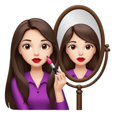A girl with long brunette hair doing her makeup with a mirror in one hand and lipstick in the other looking at the mirror sticker