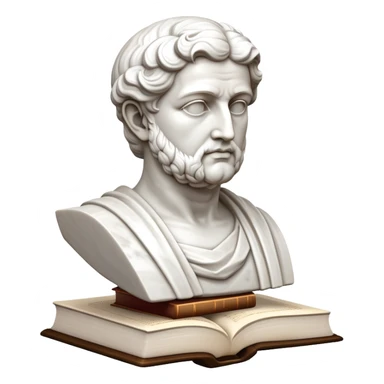 An icon featuring a classical bust, a book of philosophy, symbolizing the study of philosophy. The design includes an abstract symbol of thought and reasoning, representing deep intellectual inquiry and exploration of ideas. Transparent background sticker