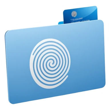 Minimalist blue Telegram channel icon of a card back. The card is face down, slightly tilted. A single, elegant fingerprint spiral is centered on the card back, symbolizing identity and unique associations. Monochromatic blue and white. Clean, flat design. sticker