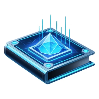 Futuristic holographic data book icon, dark sci-fi interface style, crystal neon blue light, sharp geometry, high tech game UI icon, minimalistic, cyber space theme, volumetric glow, centered, transparent background, no cartoon, no cute, no emoji face, 100x100 px sticker