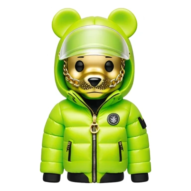 professionally designed bearbrick collectible with precise proportions, lime green balaclava with seamlessly integrated reflective visor lens, high-end branded puffer coat with rich fur collar and prominent designer logo, detailed gold chains, hypebeast aesthetic sticker