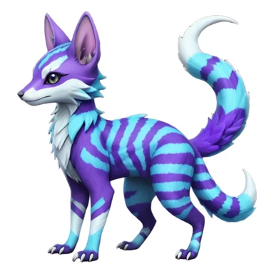 Feral Rare Fantasy  Lightning-strike-zig-zag-patterned striking purple-indigo-violet-blue-cyan-gradients with black points, white underside, galactic stormy edgy badass realistic Vernid-Sergal-Genet-Trico-species by LiLaiRa, random markings, tufted tail, tufted ears, full body sticker