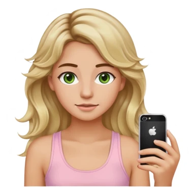 ca you make her hair a 20-year-old girl with long wavy hair brown roots blonde highlights green eyes brown eyebrows good summer tan iPhone emoji style with light pink tank top can you make her hair a little longer please sticker
