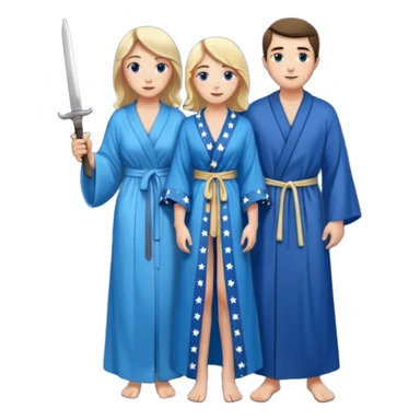 An upright Europe (a tall woman), wearing a blue, flowing robe with stars on the hem. In the background stands a man, with a knife
He has to stand behind her. the top of the knife to her back sticker