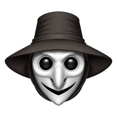 Morbid medieval plague doctor mask with a wide, sinister smile, visible in the empty eye sockets a tiny glow. Clean, stylized lines, flat vector illustration suitable for a small emote. Stylized as a medieval woodcut or metal engraving. Black and white with one accent color  sticker