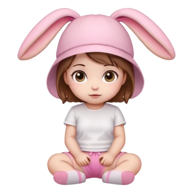 Kawaii baby girl emoji, sitting, brown hair, big eyes, pink bunny ear hat, white t-shirt, pink shorts sticker