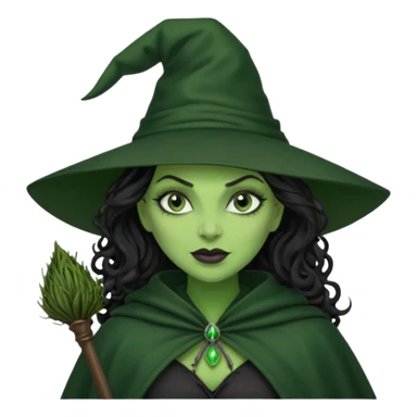 elphaba wicked witch with broom close up, evil dark curly long dark hair, green skin, thick green lips, cheekbones, smirk evil menacing cythia erivo dark aesthetic black hat cloak black broom sticker