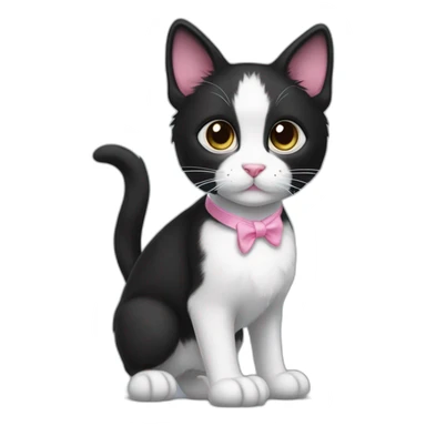 young black and white tuxedo cat walking profile with round eyes, a pink nose, the white fur on his face only goes under the eyes to the bottom of his face, whispy tips on ears sticker
