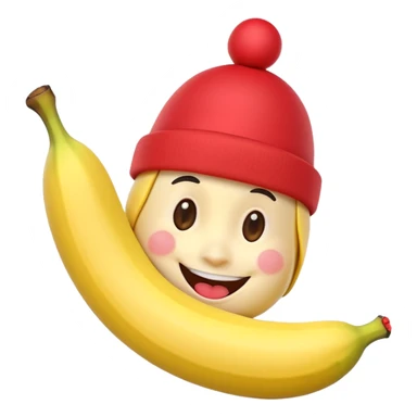 A 3D cartoon peeled banana with a red nose and tiny hat, smiling face, playful pose, Memoji-style. sticker