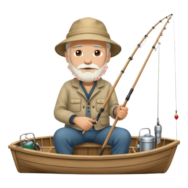 an old white haired, bearded man in fisherman attire, sat in a big boat on the ocean, holding one fishing rod in one hand, with the end of the fishing line touching the water sticker
