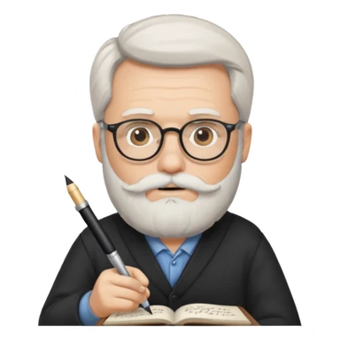caucasian man with white beard writing in the script, holding a pen sticker