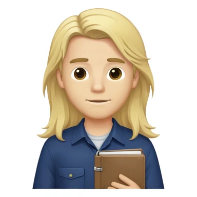 Guy with long blonde hair and navy button up holding a notebook sticker