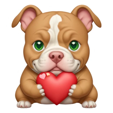 Tan and white American xl bully with green eyes and stocky head cropped ears Holding a heart sticker