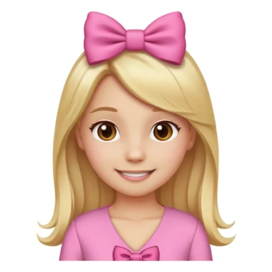 Create a custom emoji of a coquette-style girl with long blonde hair, brown eyes, fair skin, wearing a pink outfit with a cute bow in her hair. sticker
