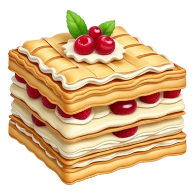 Mille-feuille Cinematic Realistic Mille-Feuille Dessert Emoji, depicted as a delicate pastry composed of two crisp layers of puff pastry with a rich cream filling, rendered with intricate textures and elegant, soft lighting. sticker