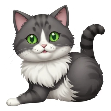 dark grey cat with green eyes, white toes/paws and white patch on her chest playfully rolling upside down sticker