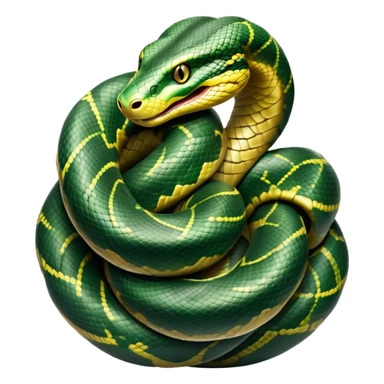 cinematic-anaconda-realistic-full-body-coiled-emoji,-thick-muscular-body-wrapped-in-powerful-loops,-smooth-green-and-black-patterned-scales-glinting-under-the-light,-head-raised-slightly,-piercing-golden-eyes-staring-intensely,-simplified-yet-realistic-focused-features,-highly-detailed,-glowing-with-an-almost-sarcastic-glow sticker