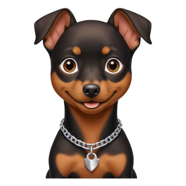 a pinscher dog black and brown sitting and smiling with a silver chain in the neck sticker