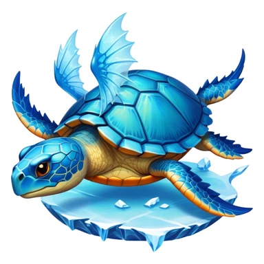 Create a majestic aquatic ice drake with a protective turtle shell, combining the first creature's friendly demeanor and defensive capabilities with the second creature's draconic elegance and elemental power, resulting in a creature that glides through frozen waters with glowing blue spines and gentle orange-gold wings. sticker