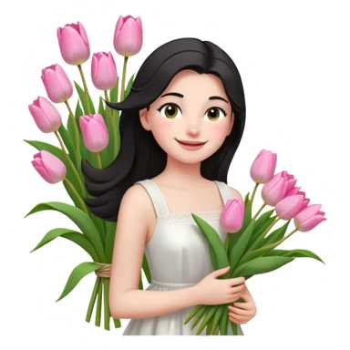  A girl Squint your eyes and smile with a black half-up half-down hairstyle, and a white dress, enjoying the spring breeze.Holding a bundle of pink tulips sticker