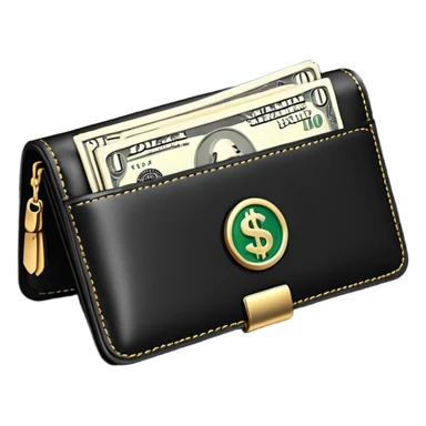 Rich emoji style black leather wallet with dollar bills, luxury money vibe, premium 3D emoji, ultra clean, high detail, no background sticker