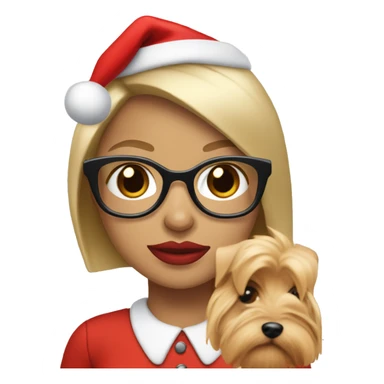 blonde woman, blue eyes wearing red santa hat and glasses and red lips holding Yorkshire terrier  sticker