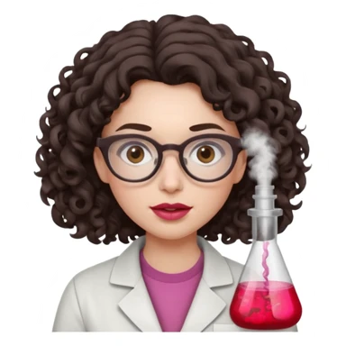 A crazy female scientist, with curly-wavy dark brown medium lenght hair, brown eyes and light grey glasses and pale skin and pinkish lips, dressed to look like an english teacher but in neutral tones like grey black white, maybe with the pop of dark red, she should look slighltly insane sticker