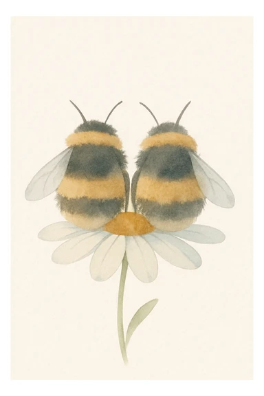Two fluffy bumblebees sitting side by side on a daisy, view from behind, watercolor illustration, soft lines, warm colors, light background, children's book illustration style sticker