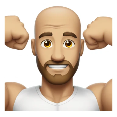 Close up man flexing muscles in a white shirt, bald, brown beard sticker