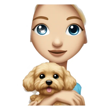 Blonde girl with very long straight hair and blue eyes is hugging a small caramel maltipoo sticker