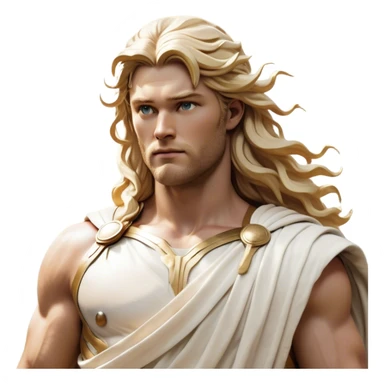 Cinematic Realistic Thor Portrait, depicted as a classical Greek god with a chiseled, sculpted physique reminiscent of ancient marble statues. His fair, luminous skin carries a subtle golden sheen, and his long, wavy, sun-kissed golden hair flows elegantly around his noble face, accentuating his determined, piercing eyes. Draped in a flowing white toga with delicate golden accents and hints of lightning motifs, the portrait is rendered in dynamic natural lighting with a radiant, mythic glow that exudes timeless strength and divine grace. sticker