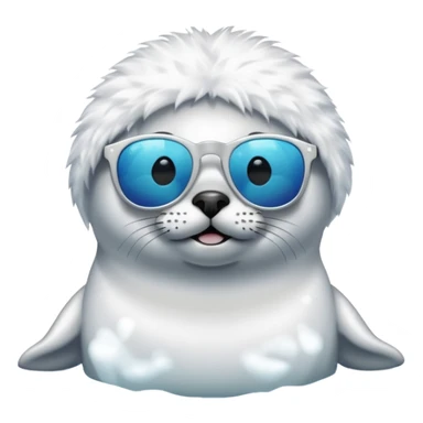 A fluffy, all white, tiny Seal having fun in lake while wearing sunglasses sticker