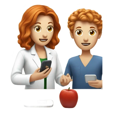 red hair nutritionist and patient talking smartphone sticker