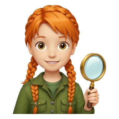 braid orange haired girl kid in moss green explorer outfit, holding magnifying glass, smile sticker